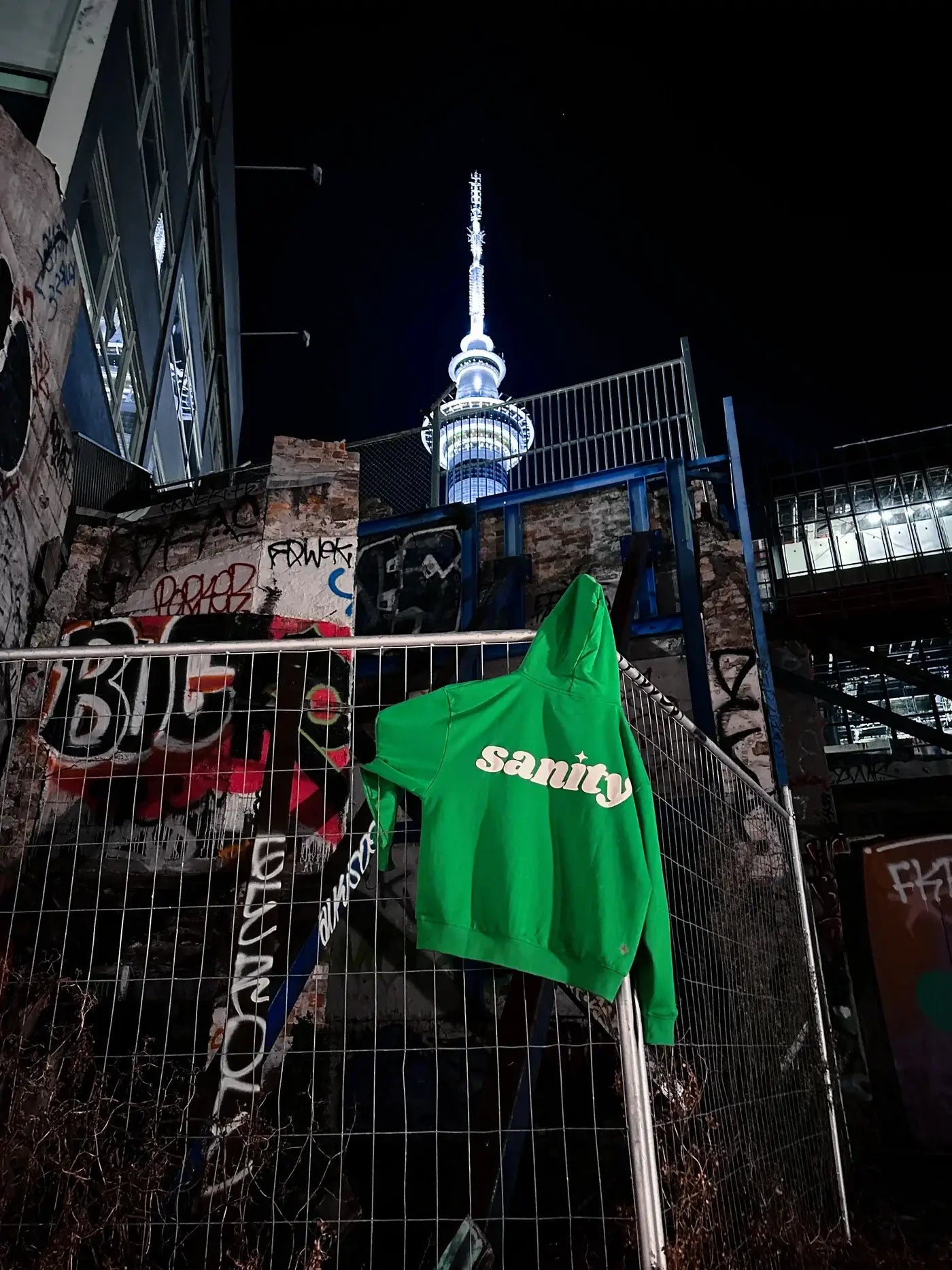 Green zip-up hoodie with 'sanity' embroidery displayed against a night skyline featuring a tower.