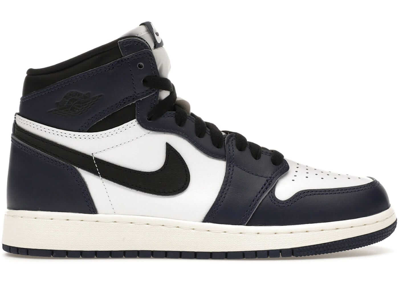 Jordan 1 Retro High OG Midnight Navy (GS) basketball shoe with navy and white colorway, black accents, and Nike Swoosh logo.