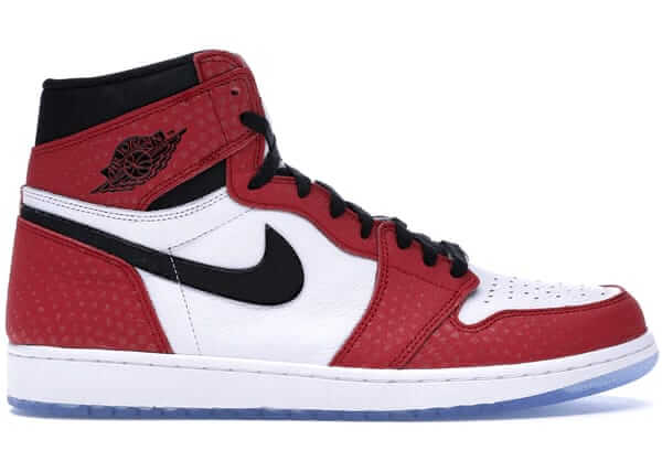 Jordan 1 Retro High Spider-Man Origin Story sneaker with red accents and black Swoosh on white upper.