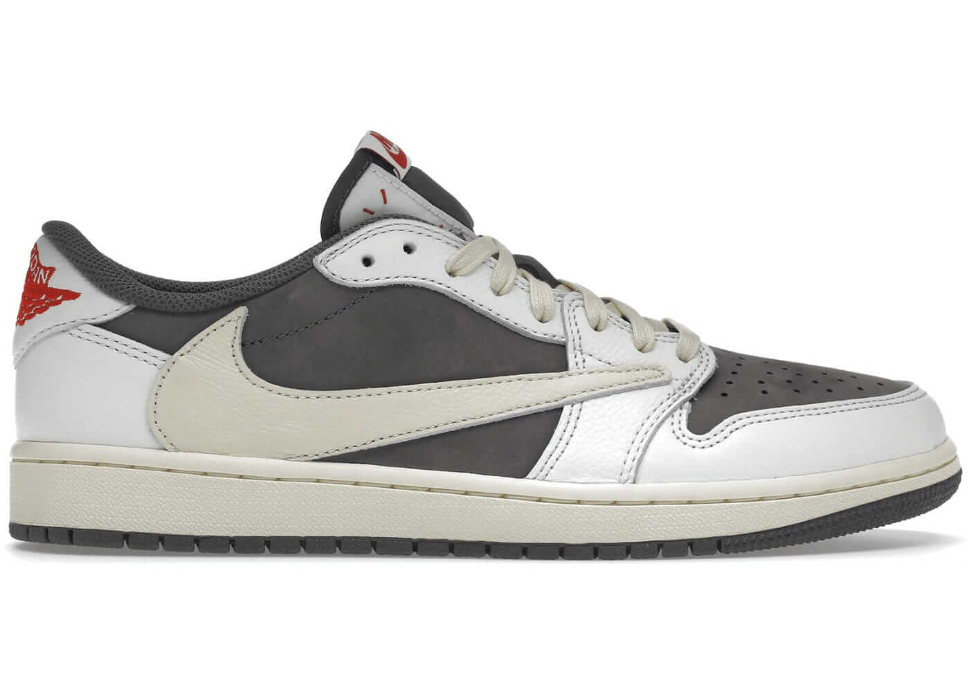 Air Jordan 1 Retro Low OG SP Travis Scott Reverse Mocha in Mocha and off-white color scheme with red accents.