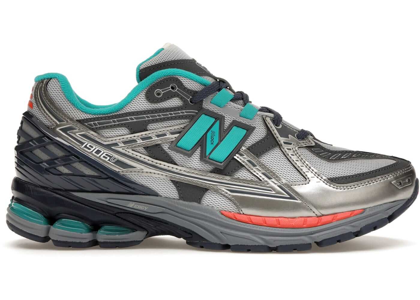 New Balance 1906U in Steel with teal accents and orange highlights, featuring metallic overlays, perfect for utility and style.