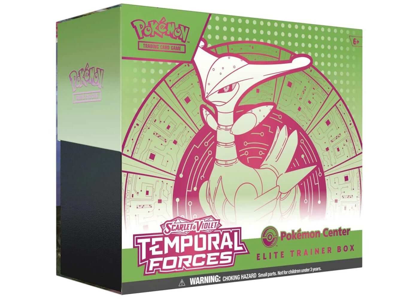 Pokemon Temporal Forces Elite Trainer Box for Scarlet & Violet, featuring Iron Leaves packaging, 2024 edition.
