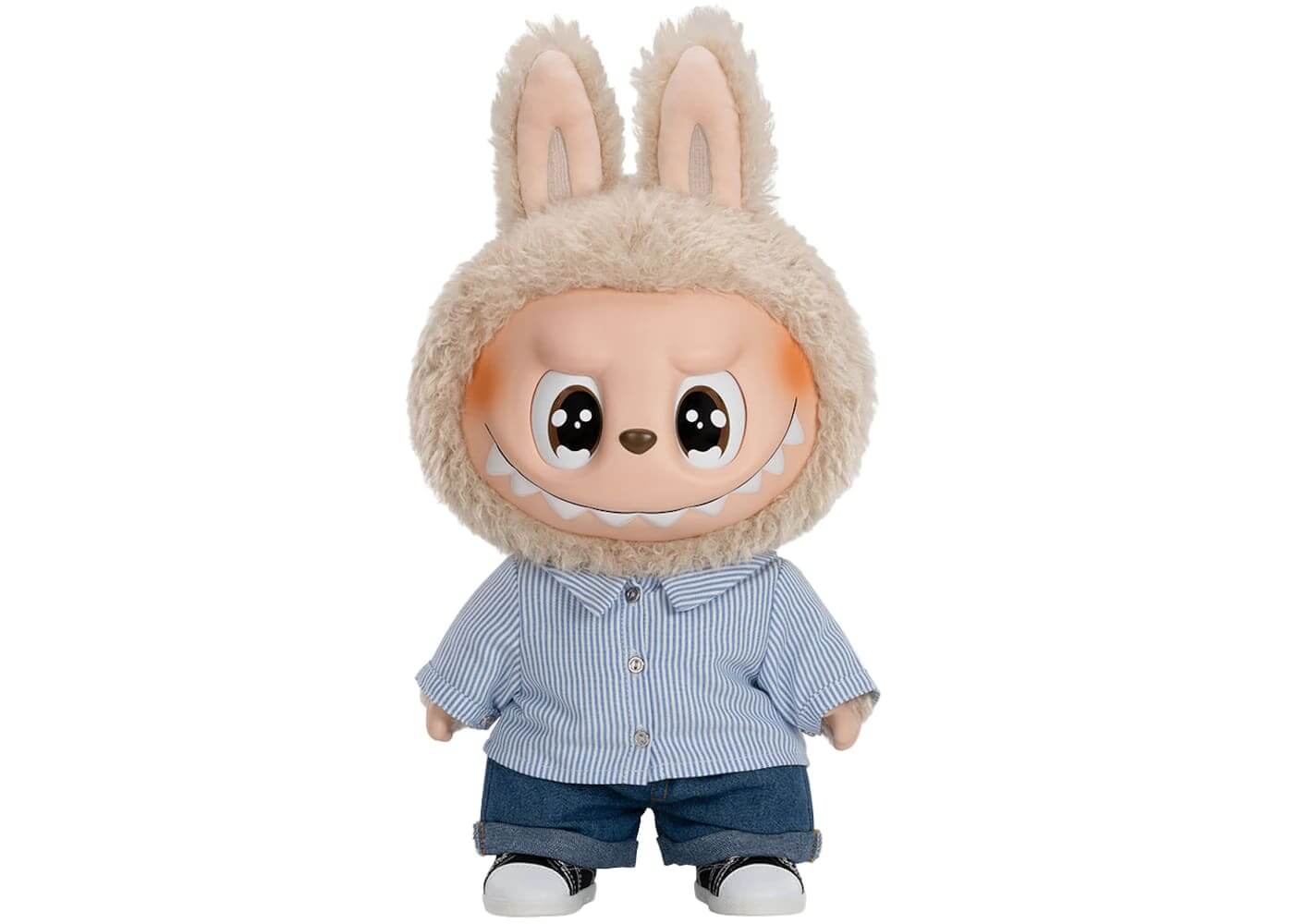 Pop Mart Labubu The Monsters Flip With Me Vinyl Plush Doll wearing a striped shirt and denim jeans, featuring rabbit ears.