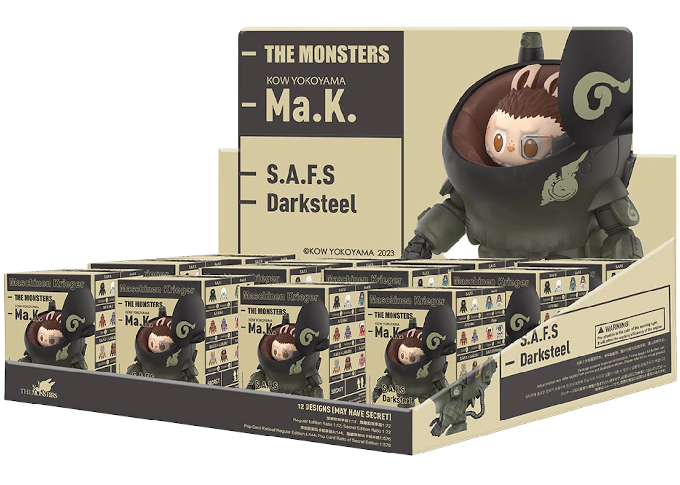 Pop Mart Labubu The Monsters x Kow Yokoyama MA.K. Series display box featuring sealed blind boxes for collectors.