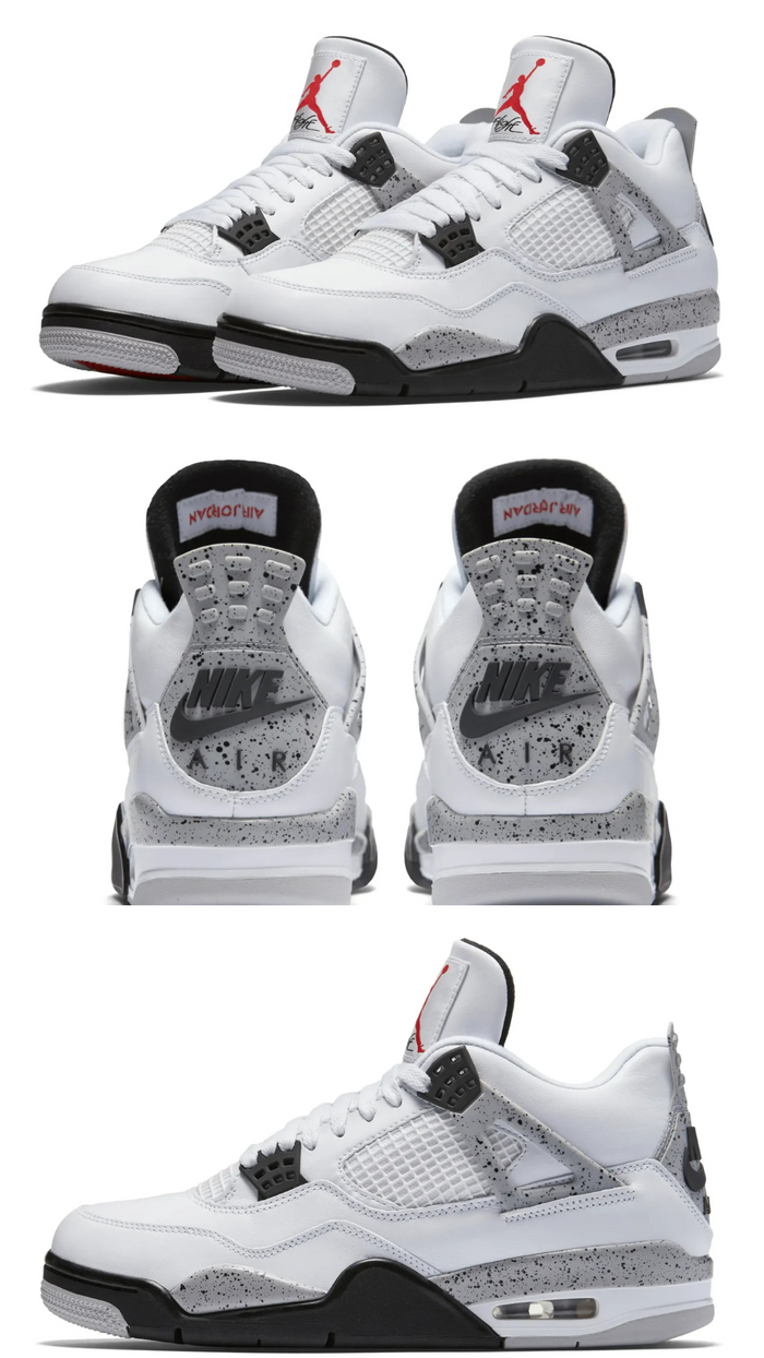 Air Jordan 4 White Cement 2025 sneaker showcasing multiple angles with iconic white and grey colorway.