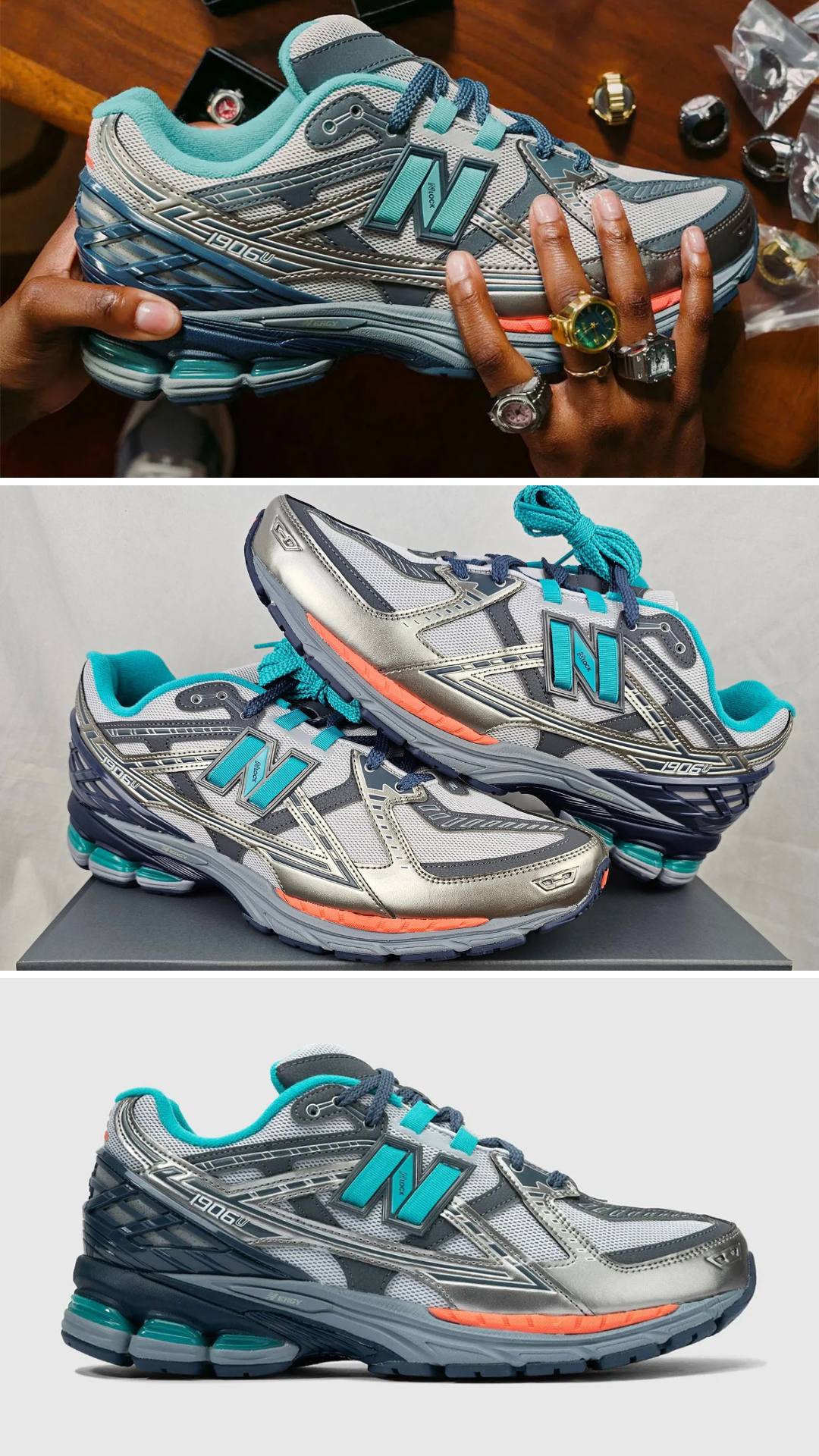 Whitaker Group x New Balance 1906U 'Electric Teal' sneakers showcased from multiple angles.