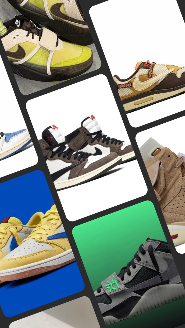 Collection of trendy sneakers showcasing collaborations influenced by Travis Scott.