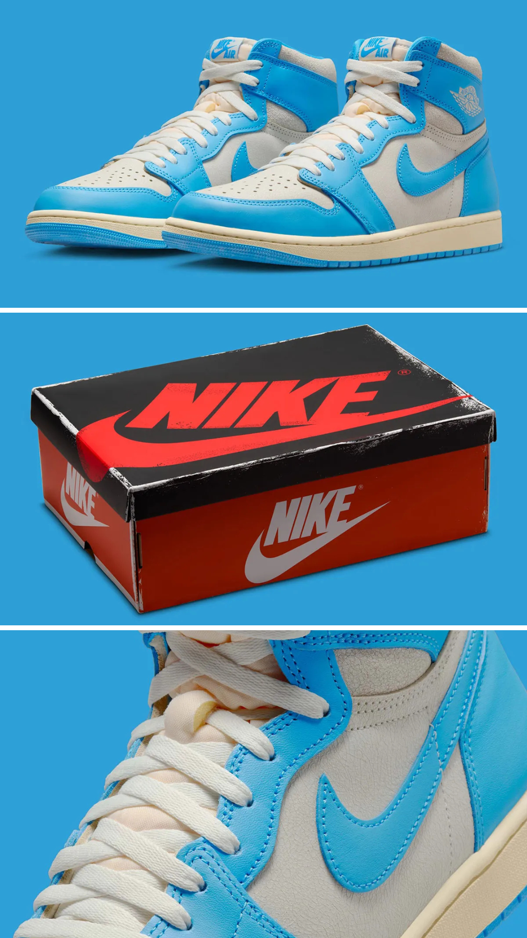 Air Jordan 1 UNC Reimagined sneakers with box, featuring iconic blue and white colorway.