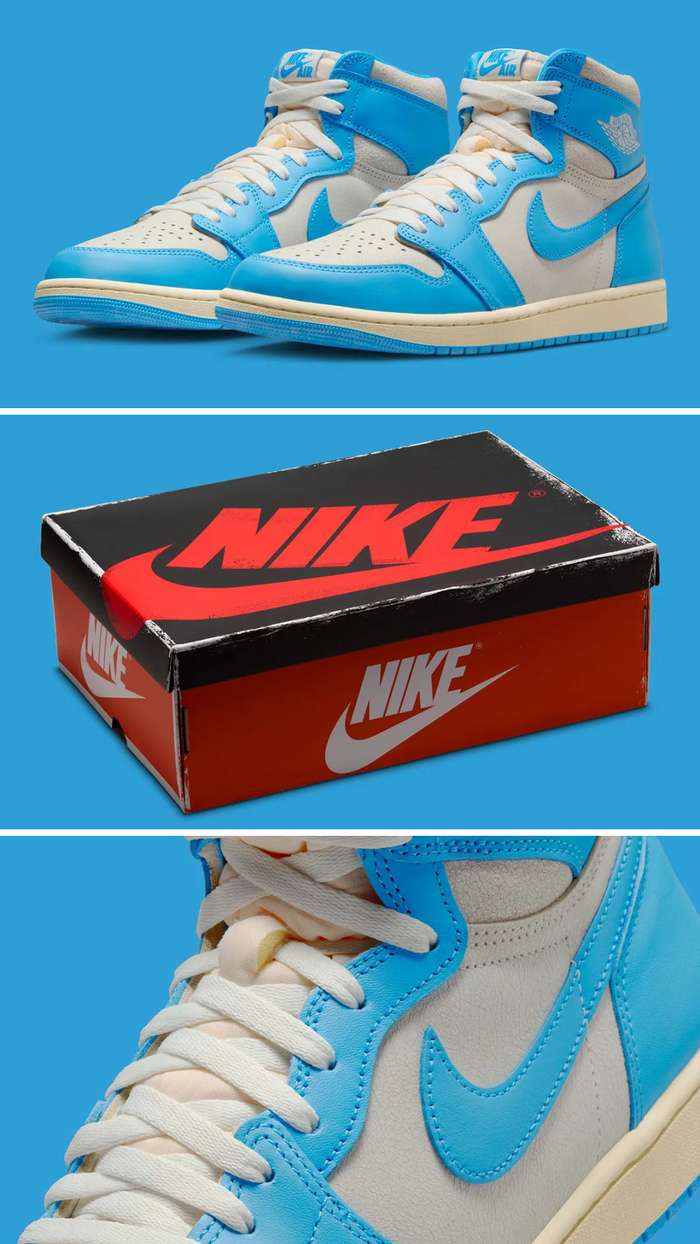 Air Jordan 1 UNC Reimagined sneakers with box, featuring iconic blue and white colorway.