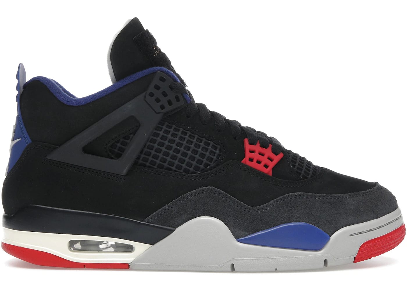 Jordan 4 Retro Rare Air sneaker featuring premium black leather and mesh, red and blue accents.