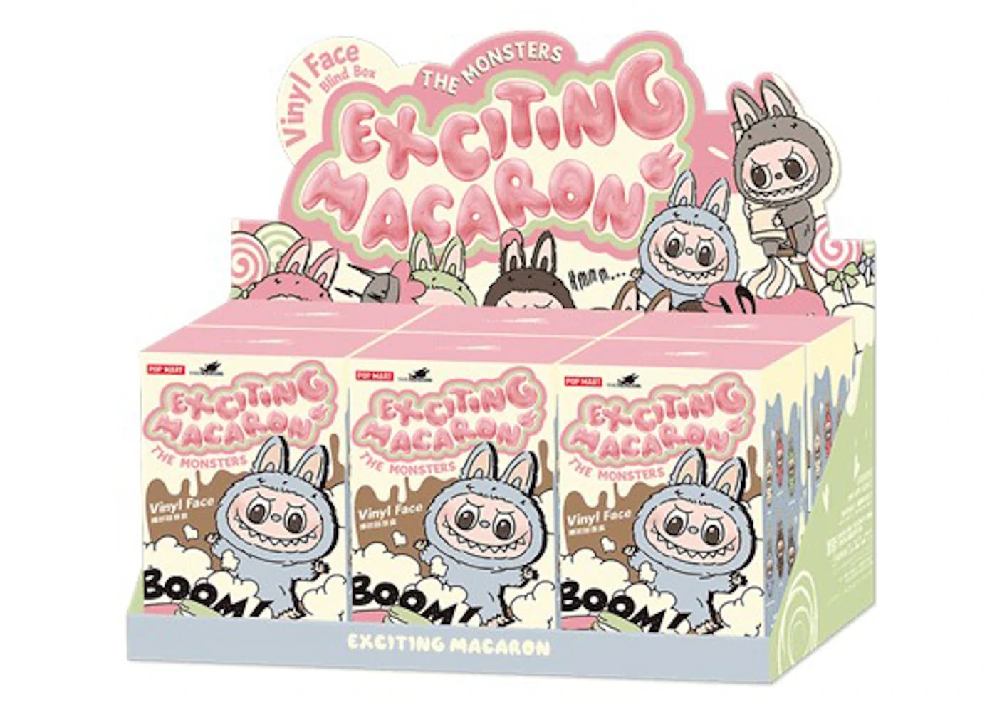 Pop Mart Labubu The Monsters Tasty Macarons Vinyl Face blind boxes display with colorful characters.