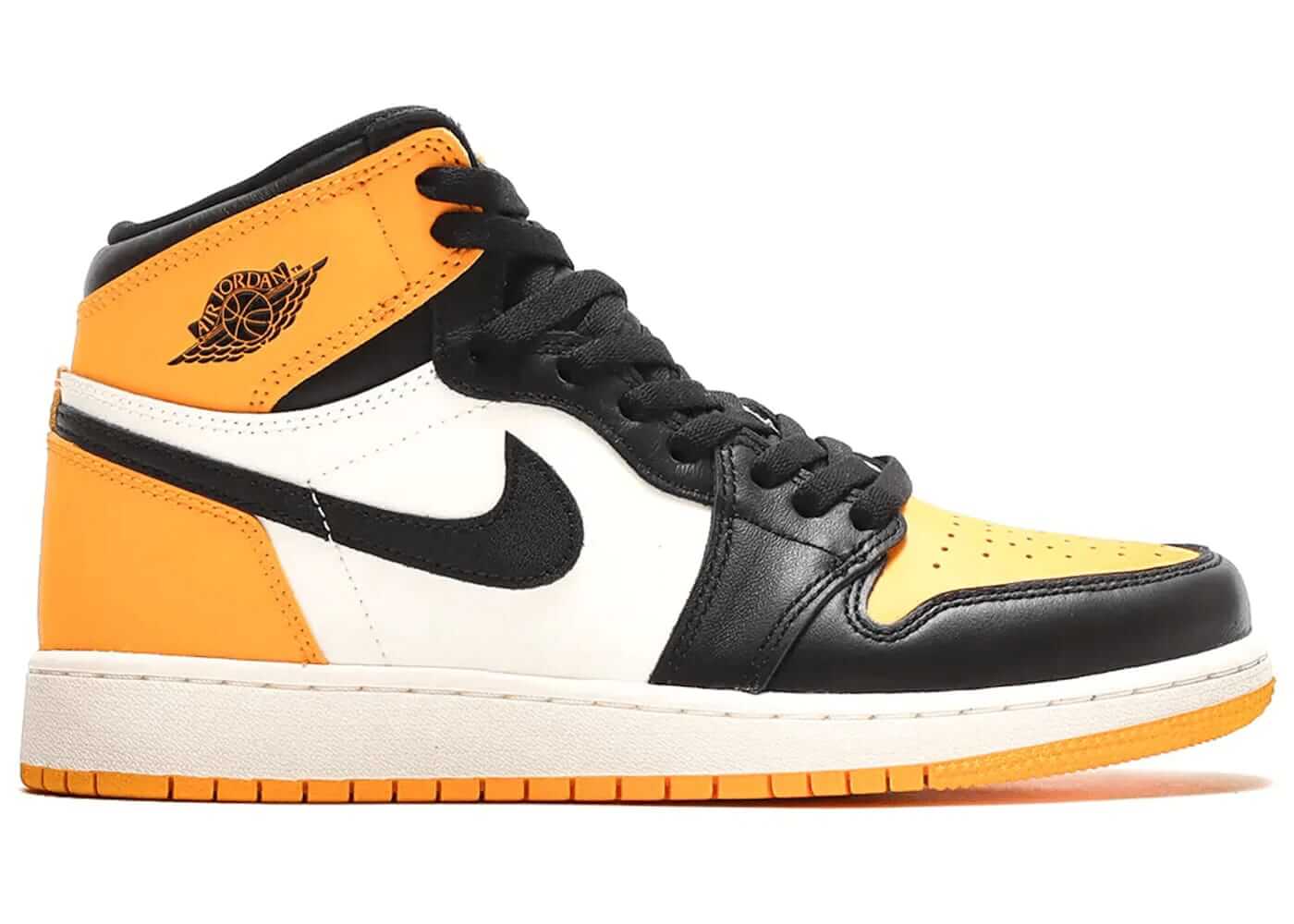 Jordan 1 Retro High OG Taxi (GS) sneaker with black, white, and yellow design, featuring iconic Nike logo.