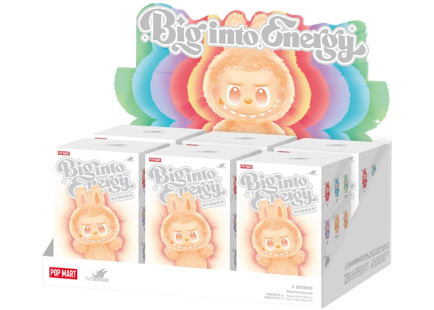 Pop Mart Labubu The Monsters Big into Energy Series Vinyl Plush Pendant Sealed Case display of 6 blind boxes.