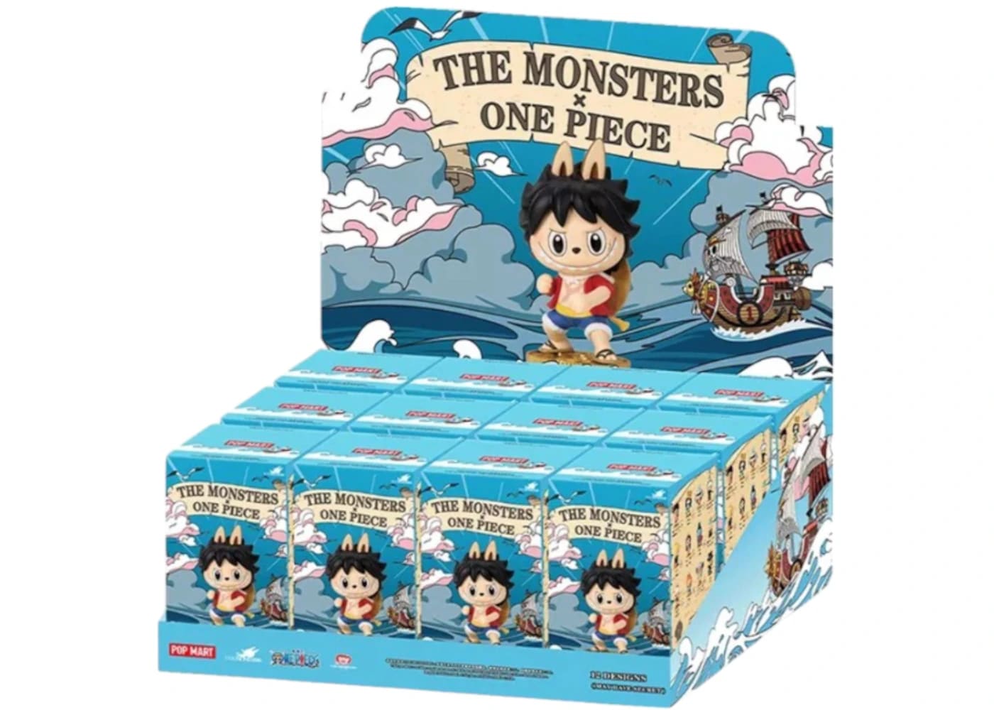 Pop Mart Labubu The Monsters x One Piece sealed case featuring 12 blind boxes with unique designs and characters.