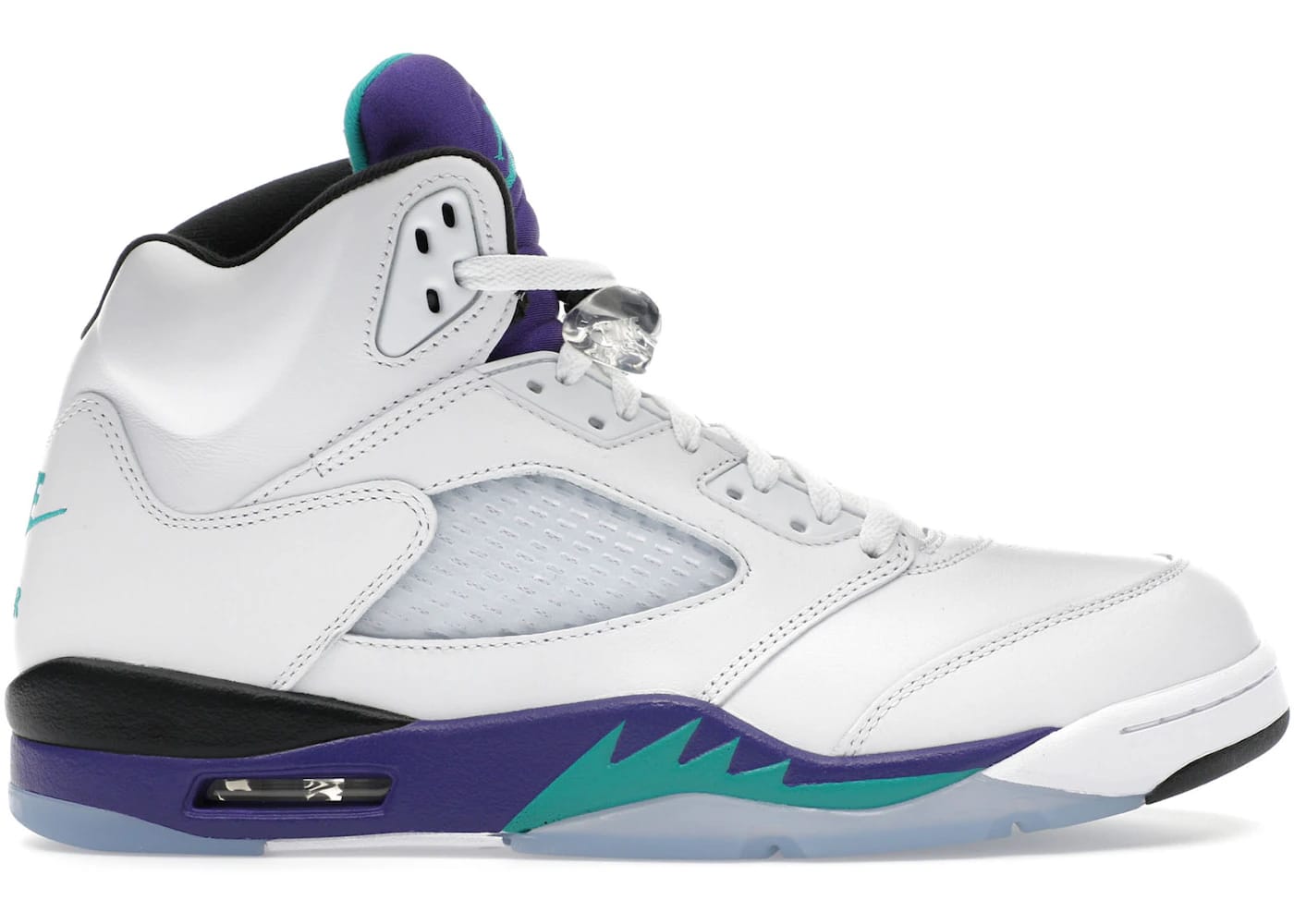 Jordan 5 Retro Grape 2025 sneaker in white, grape ice, and new emerald colorway with iconic design features.