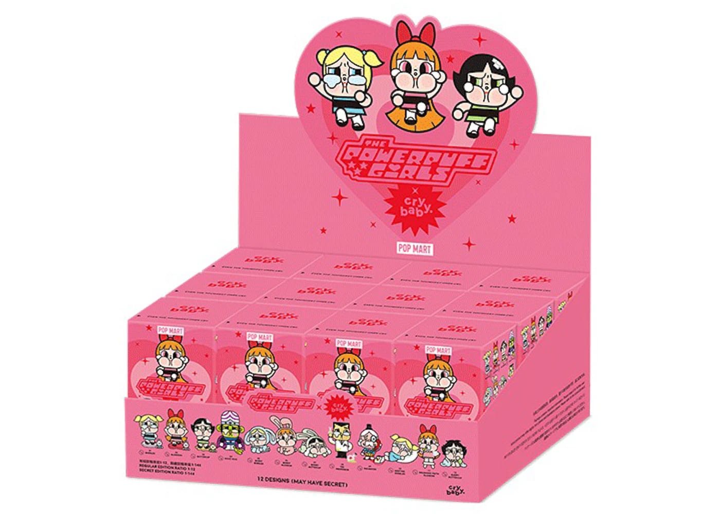 Pop Mart CryBaby x Powerpuff Girls vinyl figures blind box whole set displayed in a colorful packaging.