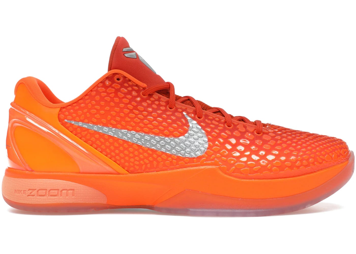 Nike Kobe 6 Protro Total Orange sneaker side view showcasing its vibrant design and snakeskin-inspired texture.