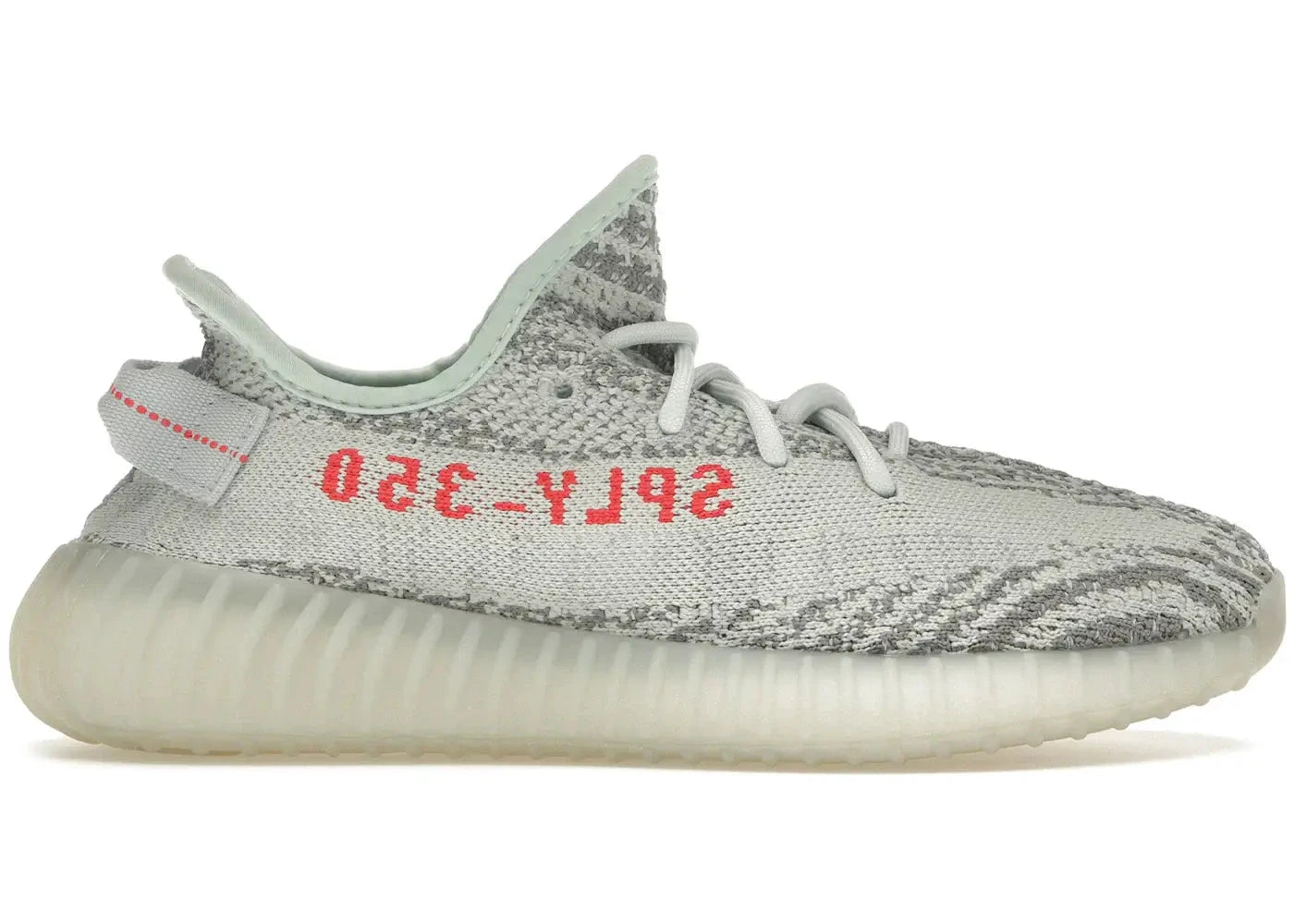 Adidas Yeezy Boost 350 V2 Blue Tint Marbled Grey Primeknit Upper Red SPLY 350 Text Blue Tint Translucent Boost Sole - BigBoiSneakers 