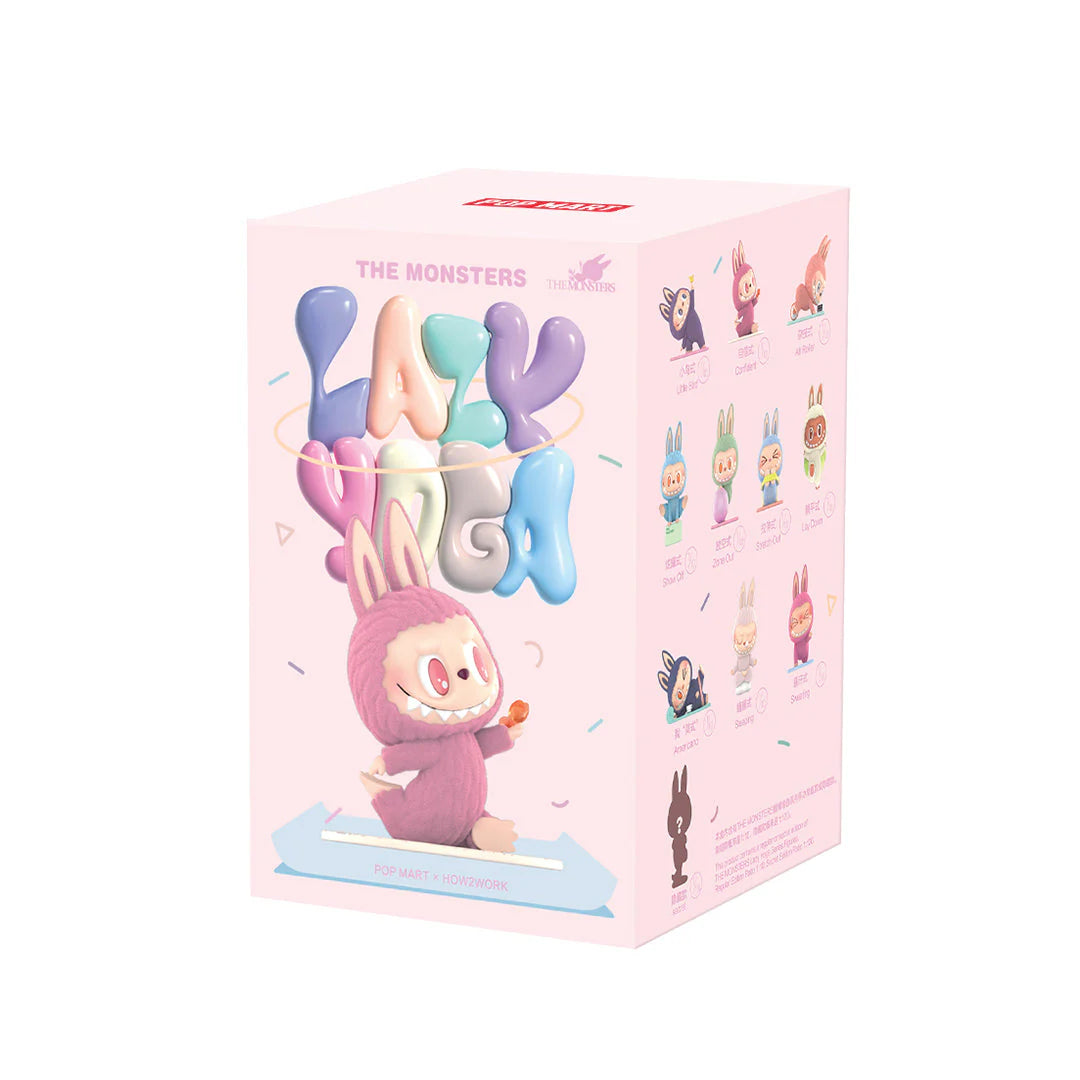 Pop Mart Labubu Lazy Yoga blind box series featuring colorful characters in sealed packaging.