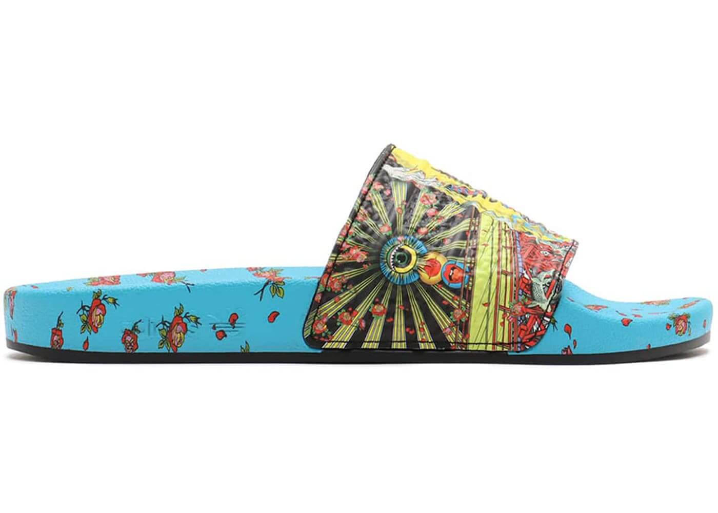 Adidas Adilette Slides Tanaami in vibrant Signal Cyan with psychedelic art by Keiichi Tanaami. Stylish and comfortable slip-on design.