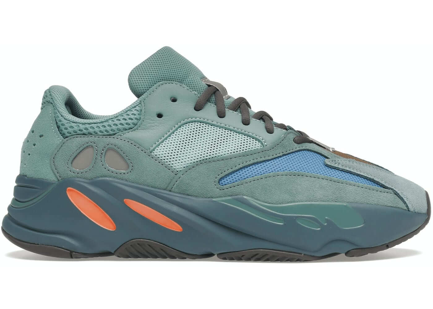 adidas Yeezy Boost 700 Faded Azure sneaker with layered blue upper, orange accents, and reflective details.