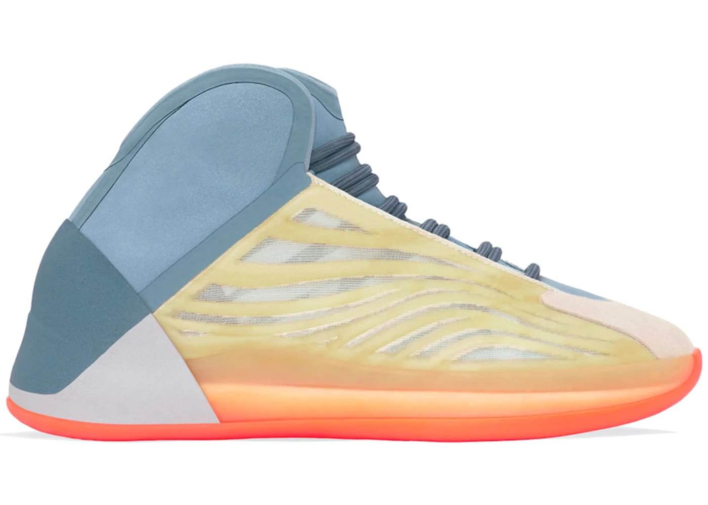 adidas Yeezy QNTM Hi-Res Coral sneaker showcasing vibrant yellow RPU cage and semi-translucent mesh upper.