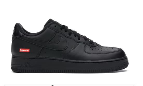 Nike Air Force 1 Low Supreme Black with red Supreme Box Logo, all-black leather design, stylish sneaker.