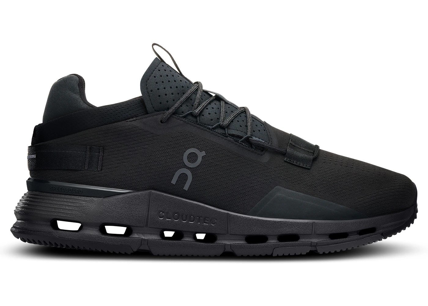 On Running Cloudnova 2 All Black women's running shoes featuring breathable mesh and superior cushioning.