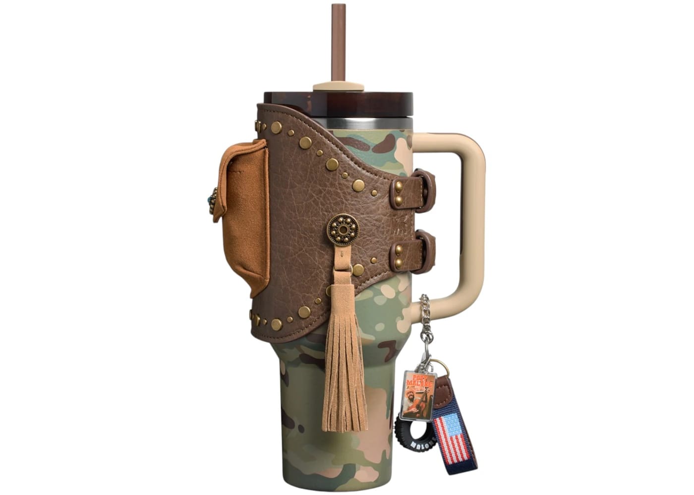 Stanley x Post Malone Flowstate Quencher 40oz Tumbler with MultiCam pouch and strap, side view.