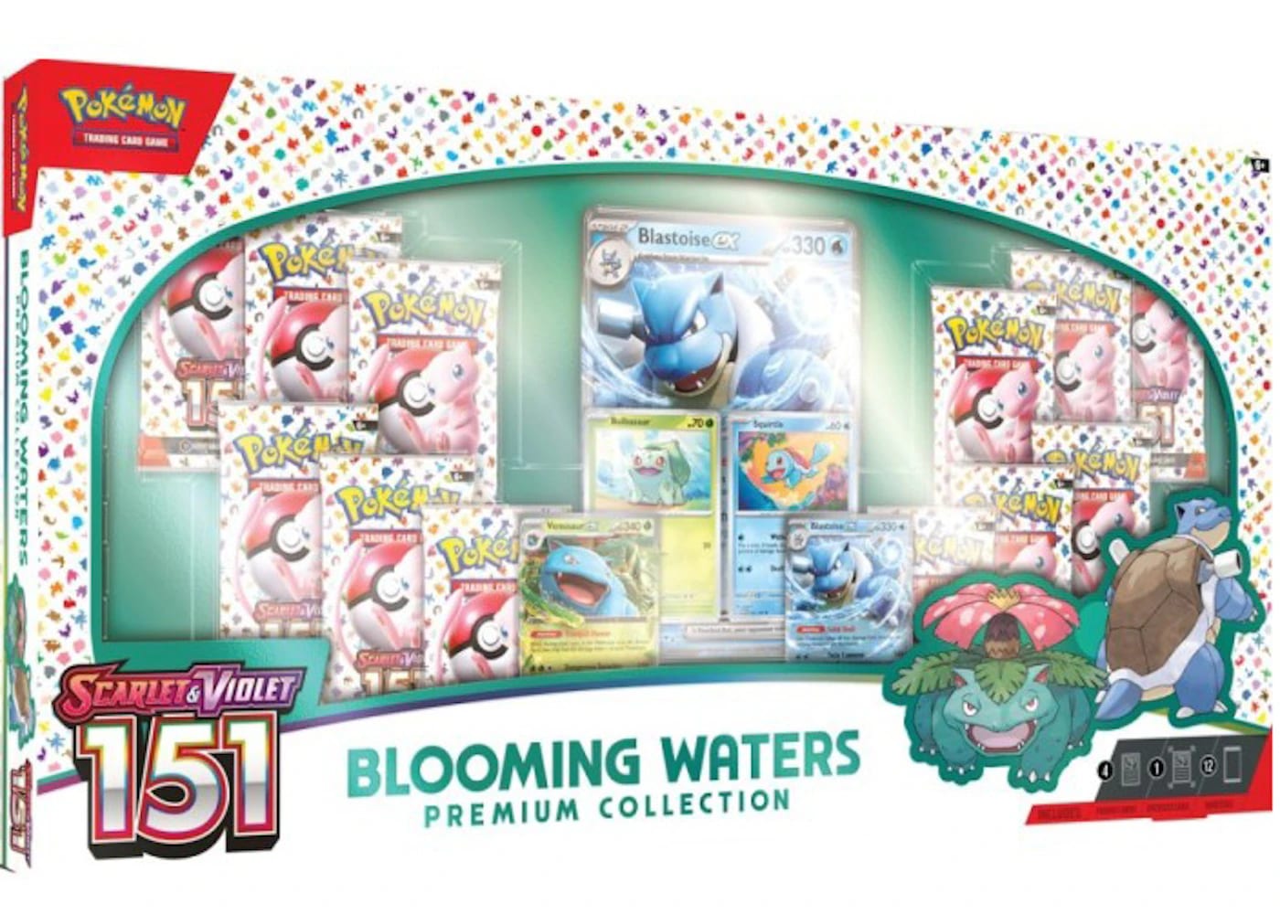 Pokémon 151 Blooming Waters Premium Collection Box featuring Blastoise, Venusaur, and booster packs from Scarlet & Violet.