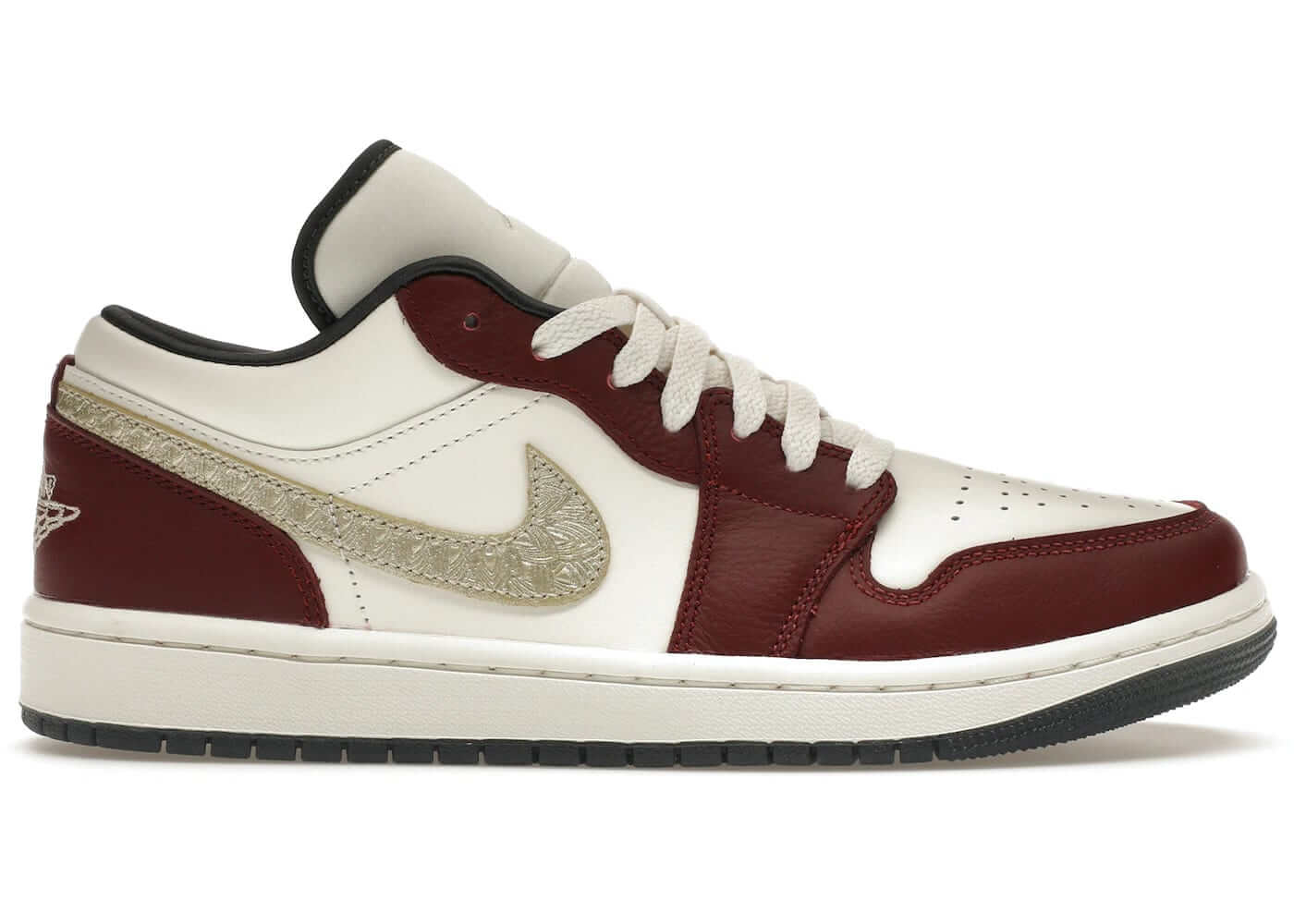 Jordan 1 Low Year of the Dragon 2024 Women's sneaker in white and dark red leather.