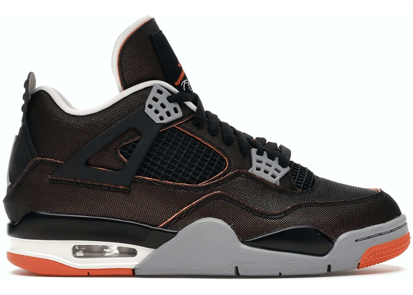 Jordan 4 Retro Starfish (Women's) sneaker in black metallic mesh with Starfish orange accents and gray sole.