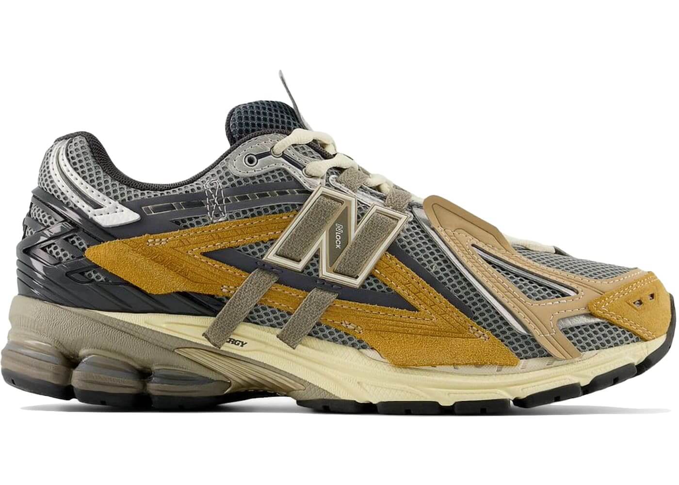 New Balance 1906A Great Plains sneaker featuring a deconstructed design and bold colorway of grey and brown.