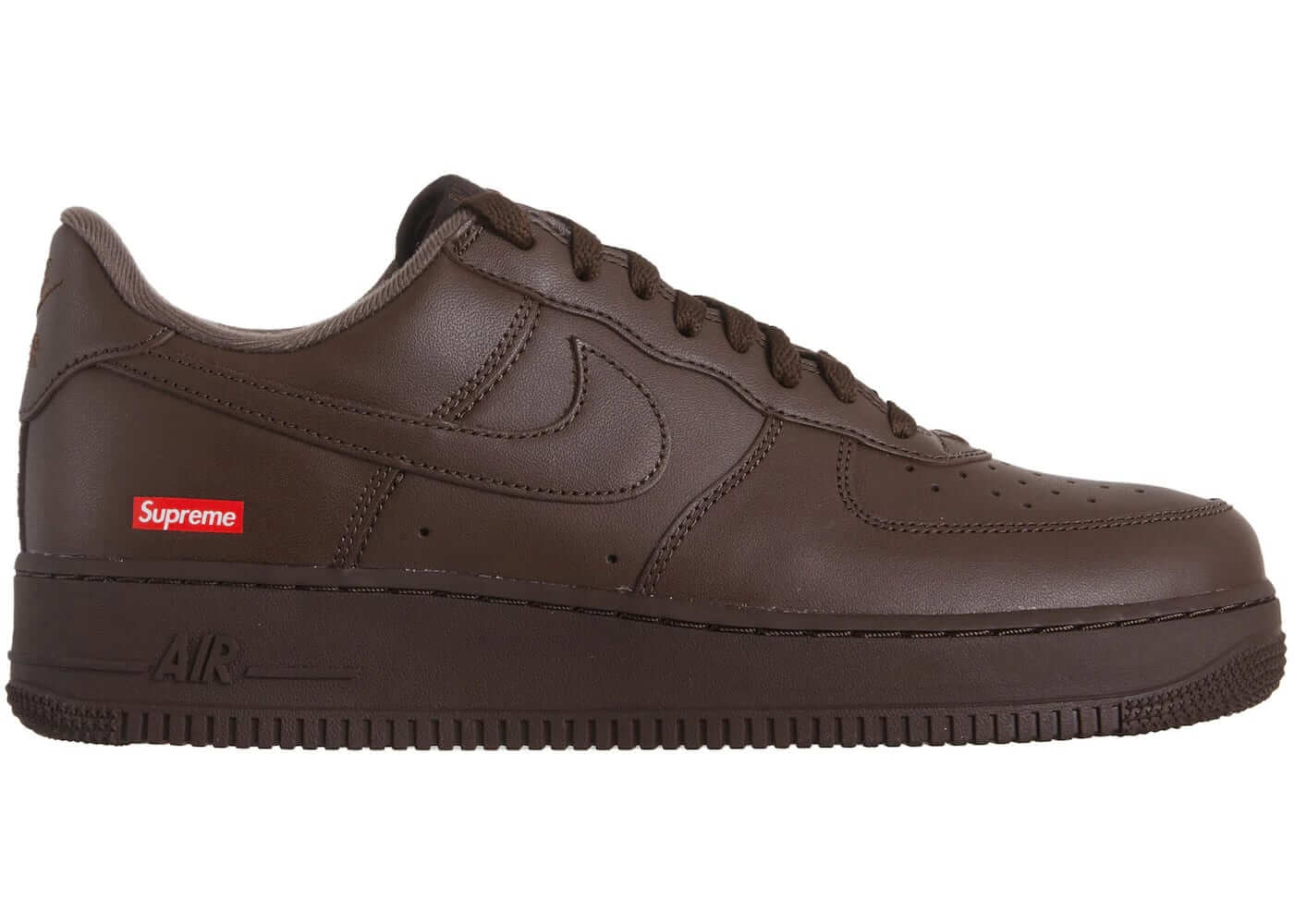 Nike Air Force 1 Low Supreme Baroque Brown sneaker in dark brown with Supreme logo, perfect for fall fashion.
