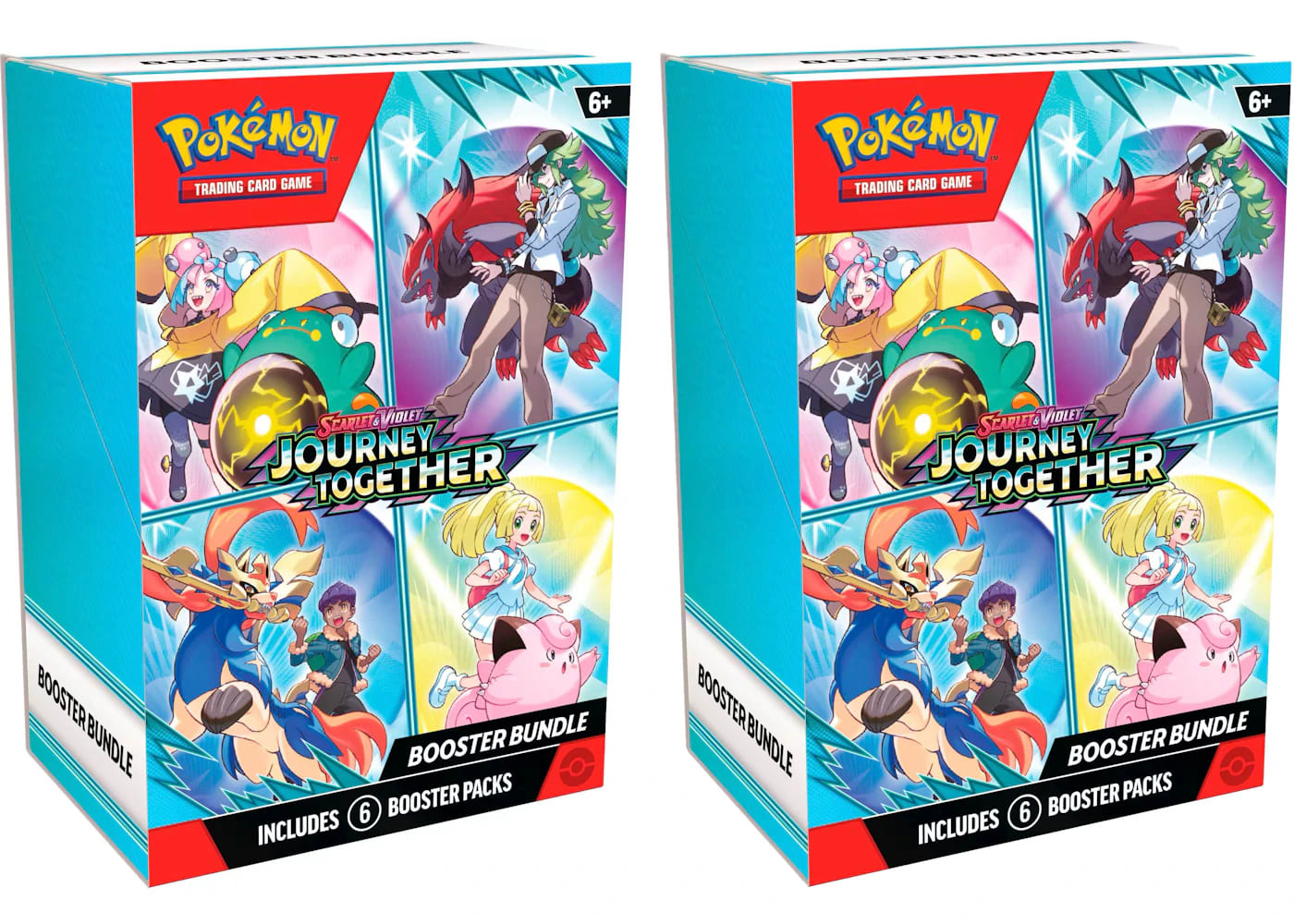 Pokemon Journey Together Booster Bundle featuring two boxes with colorful artwork, includes 6 booster packs for Pokémon Scarlet and Violet.