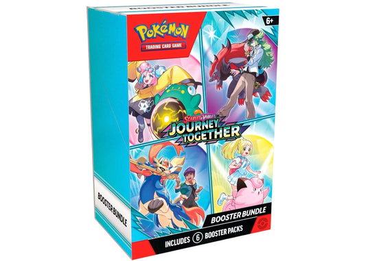Pokémon Journey Together Booster Bundle featuring vibrant artwork and six booster packs for Pokémon Scarlet Violet.