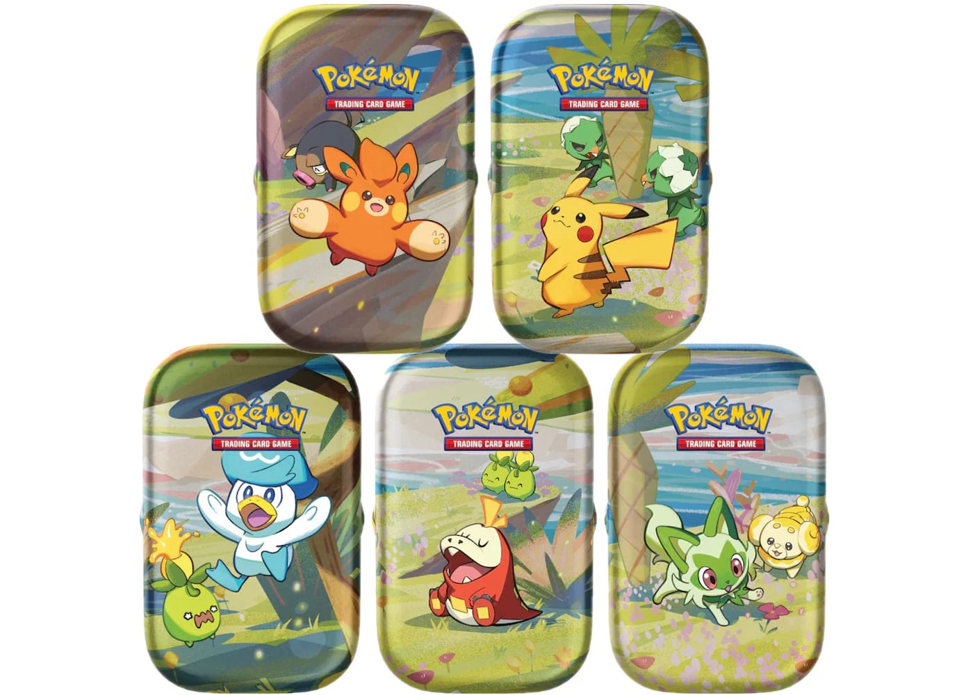Pokemon Mini Tin 5x Set showcasing Paldea Friends characters from Pokémon TCG, vibrant tin designs.