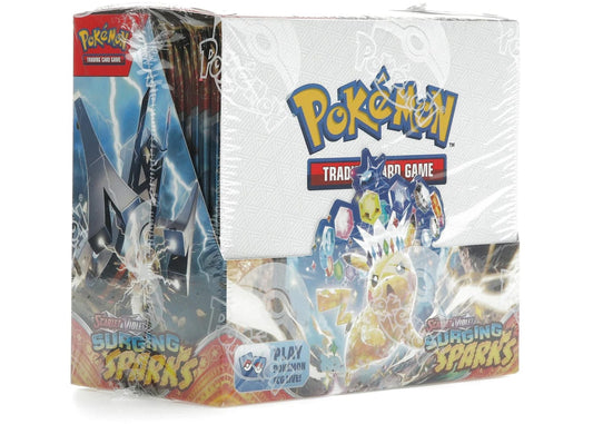 Pokémon Surging Sparks Booster Display Box from Scarlet & Violet series with 36 booster packs for collectors.