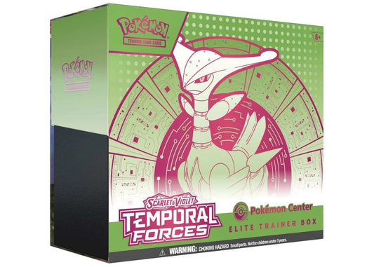 Pokemon Temporal Forces Elite Trainer Box for Scarlet & Violet, featuring Iron Leaves packaging, 2024 edition.