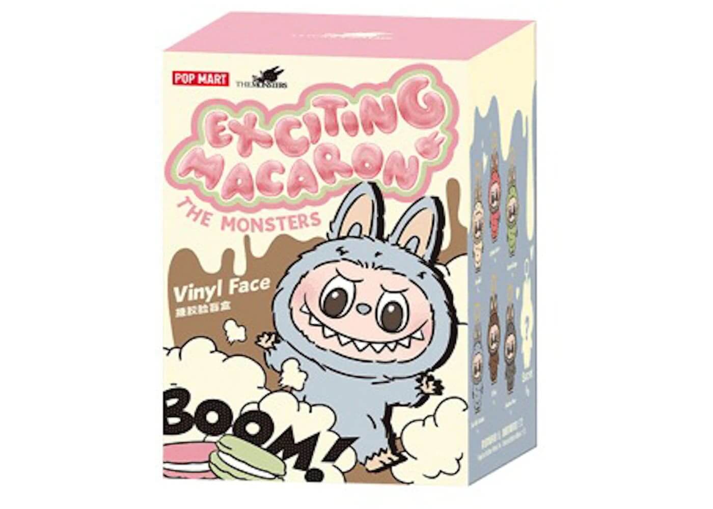 Pop Mart The Monsters Exciting Macaron vinyl toy box featuring cartoon character design in pastel colors.